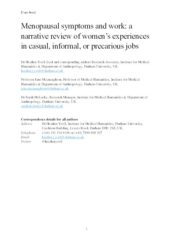 Menopausal symptoms and work: A narrative review of women's experiences in casual, informal, or precarious jobs Thumbnail