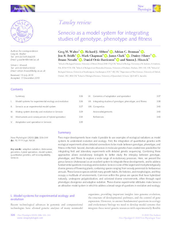 Senecio as a model system for integrating studies of genotype, phenotype and fitness Thumbnail