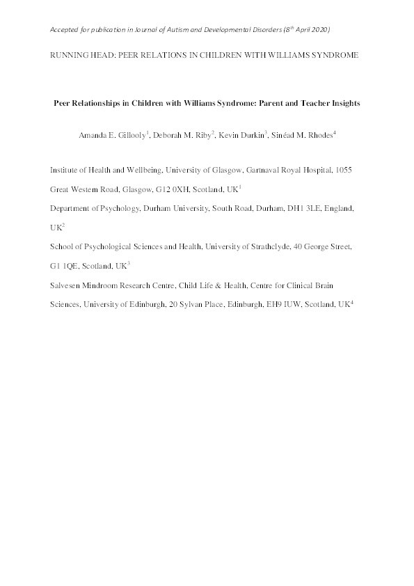 Peer Relationships in Children with Williams Syndrome: Parent and Teacher Insights Thumbnail
