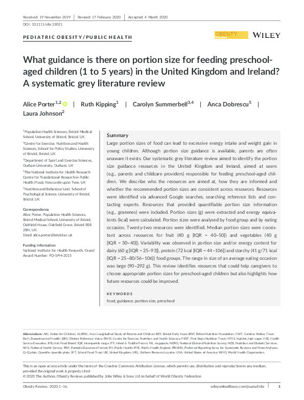 What guidance is there on portion size for feeding preschool-aged children (1 to 5 years) in the United Kingdom and Ireland? A systematic grey literature review Thumbnail