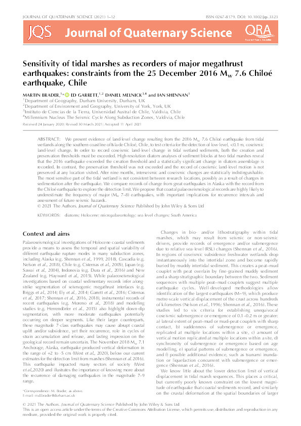 Sensitivity of tidal marshes as recorders of major megathrust earthquakes: constraints from the 25 December 2016 Mw 7.6 Chiloé earthquake, Chile Thumbnail