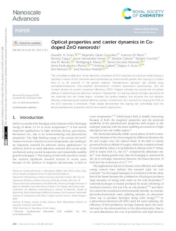 Optical properties and carrier dynamics in Co-doped ZnO nanorods Thumbnail