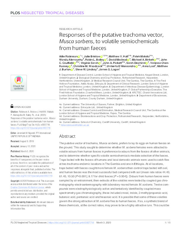Responses of the putative trachoma vector, Musca sorbens, to volatile semiochemicals from human faeces Thumbnail