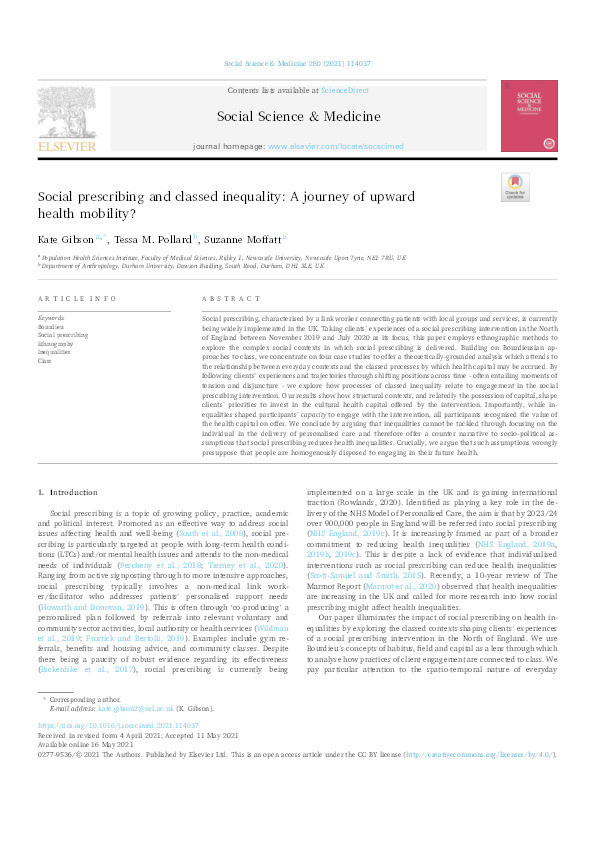 Social prescribing and classed inequality: A journey of upward health mobility? Thumbnail