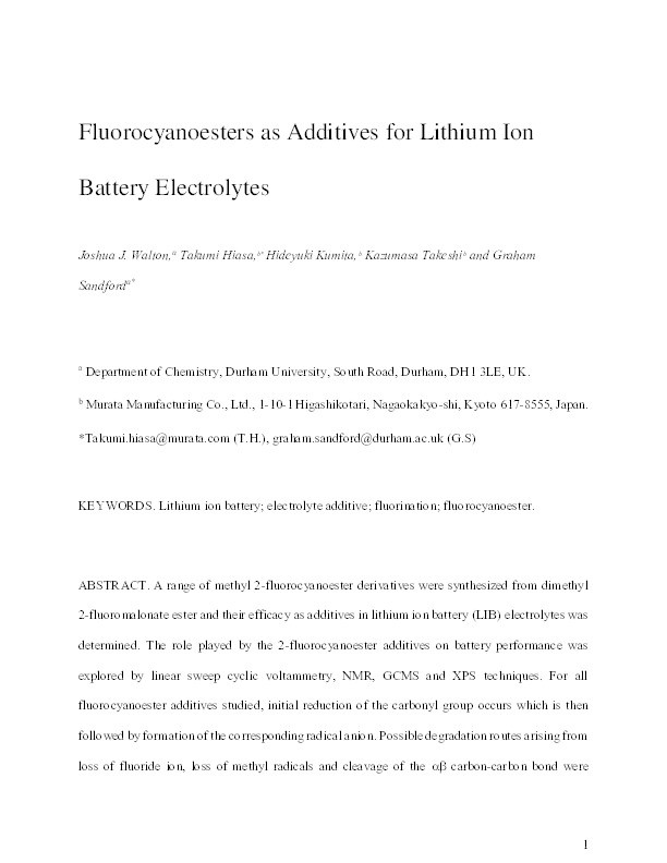 Fluorocyanoesters as Additives for Lithium-Ion Battery Electrolytes Thumbnail