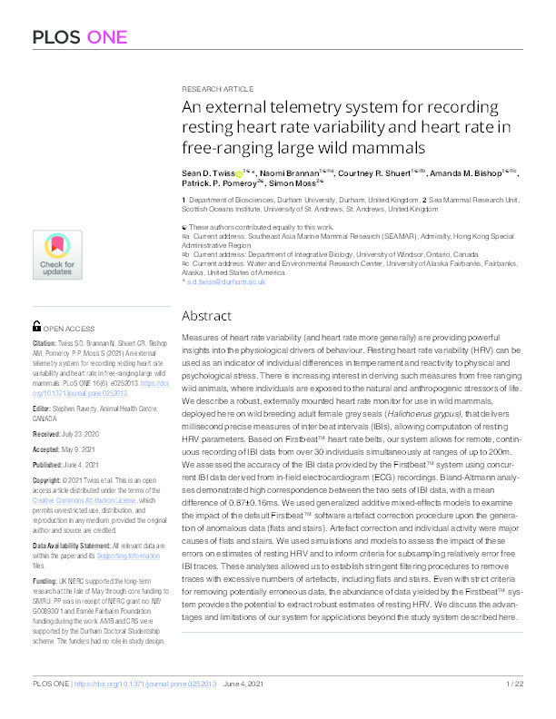 An external telemetry system for recording resting heart rate variability and heart rate in free-ranging large wild mammals Thumbnail