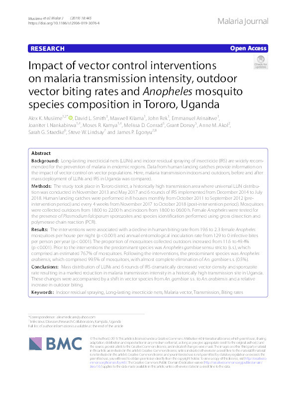 Impact of vector control interventions on malaria transmission intensity, outdoor vector biting rates and Anopheles mosquito species composition in Tororo, Uganda Thumbnail