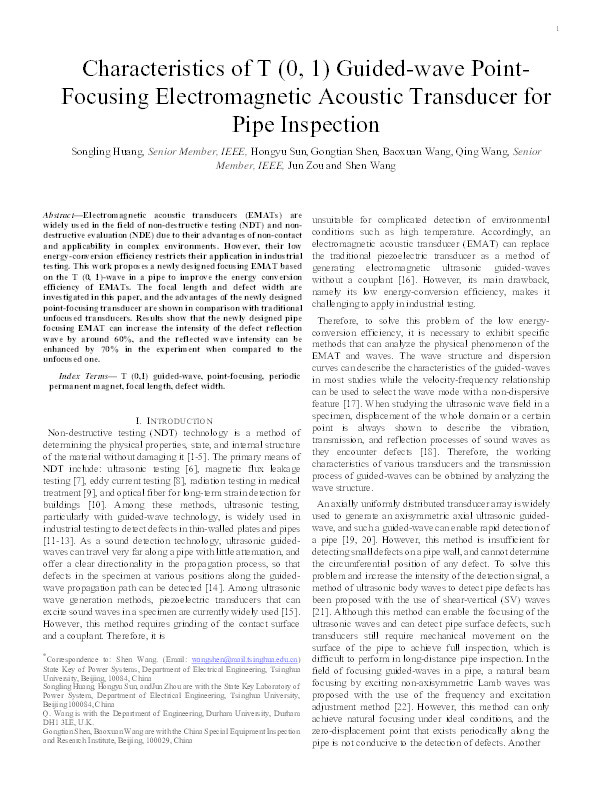 Characteristics of T(0, 1) Guided-Wave Point-Focusing Electromagnetic Acoustic Transducer for Pipe Inspection Thumbnail
