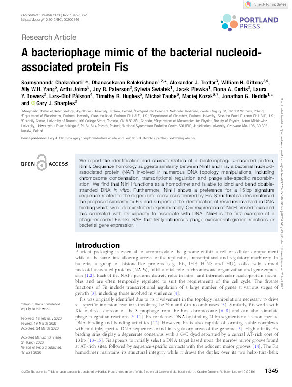 A bacteriophage mimic of the bacterial nucleoid-associated protein Fis Thumbnail