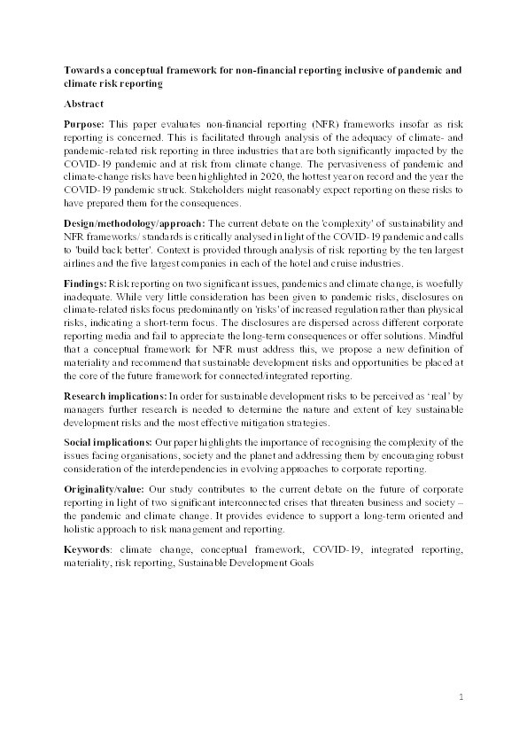 Towards a conceptual framework for non-financial reporting inclusive of pandemic and climate risk reporting Thumbnail