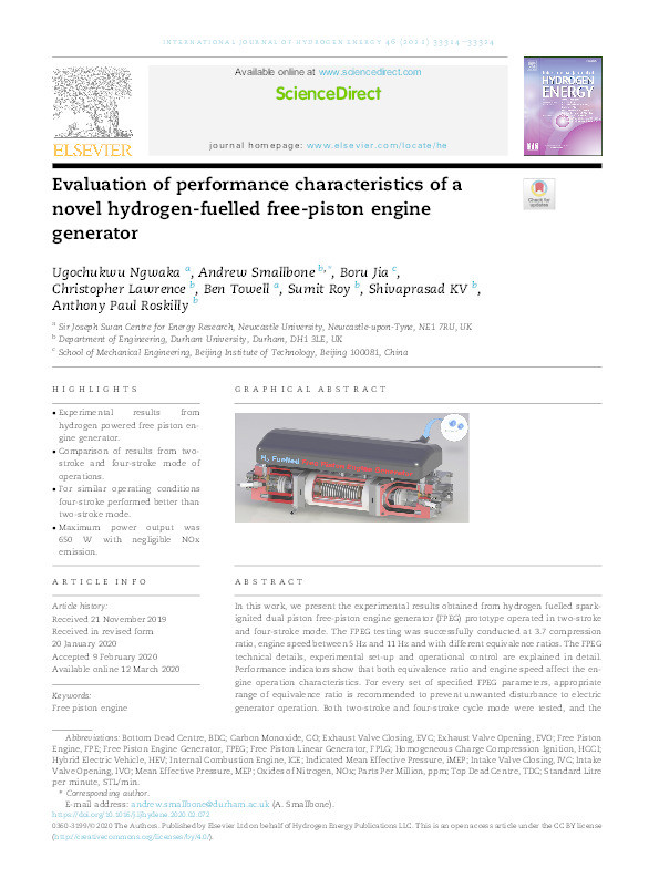 Evaluation of performance characteristics of a novel hydrogen-fuelled free-piston engine generator Thumbnail