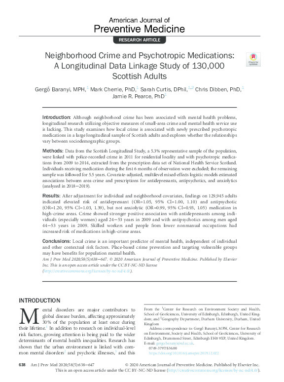 Neighborhood Crime and Psychotropic Medications: A Longitudinal Data Linkage Study of 130,000 Scottish Adults Thumbnail