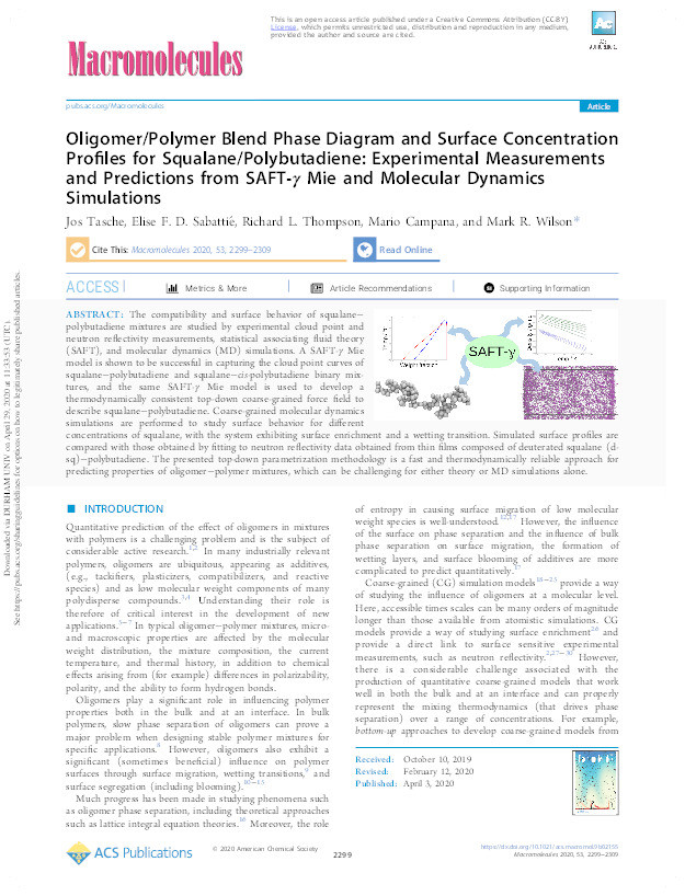 Oligomer/polymer blend phase diagram and surface concentration profiles for squalane/polybutadiene: experimental measurements and predictions from SAFT-g Mie and molecular dynamics simulations Thumbnail