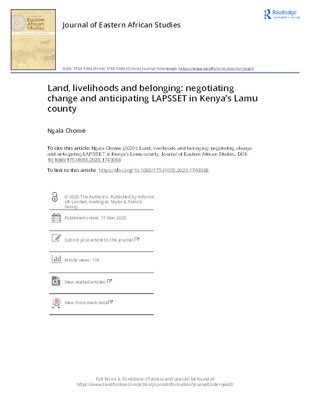 Land, livelihoods and belonging: negotiating change and anticipating LAPSSET in Kenya’s Lamu county Thumbnail