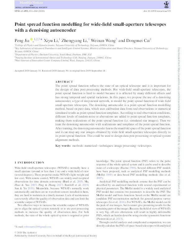 Point spread function modelling for wide-field small-aperture telescopes with a denoising autoencoder Thumbnail