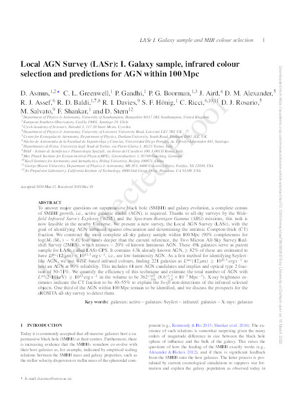 Local AGN Survey (LASr): I. Galaxy sample, infrared colour selection and predictions for AGN within 100 Mpc Thumbnail