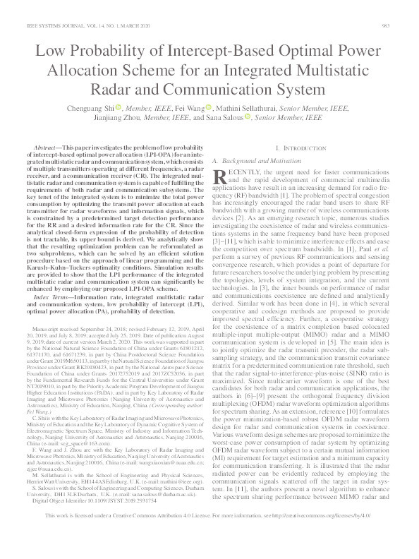 Low Probability of Intercept-Based Optimal Power Allocation Scheme for an Integrated Multistatic Radar and Communication System Thumbnail