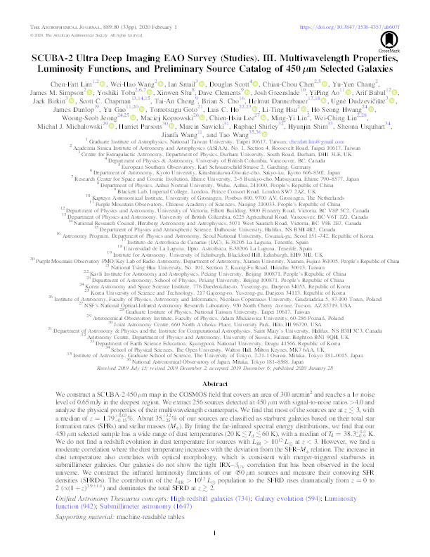 SCUBA-2 Ultra Deep Imaging EAO Survey (Studies). III. Multiwavelength Properties, Luminosity Functions, and Preliminary Source Catalog of 450 μm Selected Galaxies Thumbnail