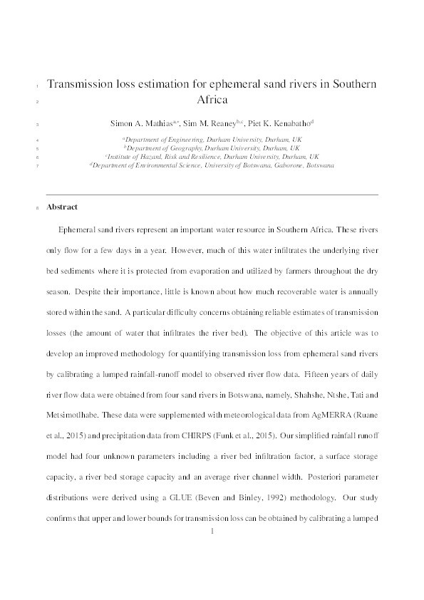 Transmission loss estimation for ephemeral sand rivers in Southern Africa Thumbnail