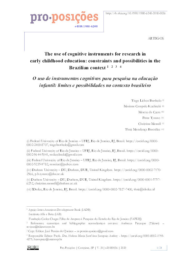 The Use of Cognitive Instruments for Research in Early Childhood Education: Constraints and Possibilities in The Brazilian Context Thumbnail