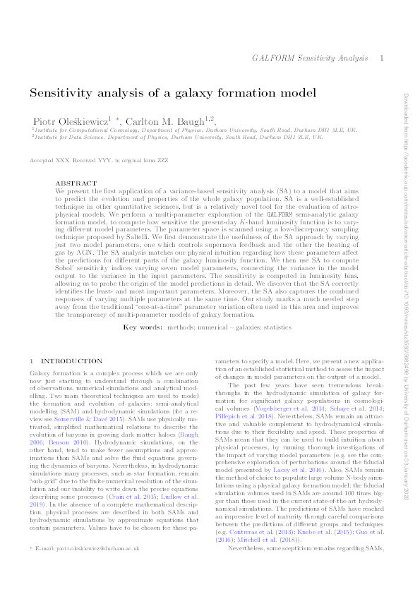 Sensitivity analysis of a galaxy formation model Thumbnail