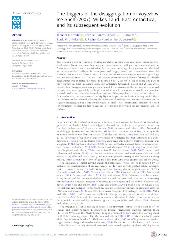 The triggers of the disaggregation of Voyeykov Ice Shelf (2007), Wilkes Land, East Antarctica, and its subsequent evolution Thumbnail