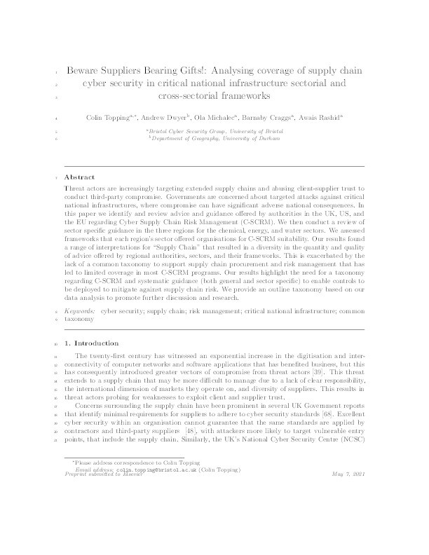 Beware Suppliers Bearing Gifts!: Analysing coverage of supply chain cyber security in critical national infrastructure sectorial and cross-sectorial frameworks Thumbnail