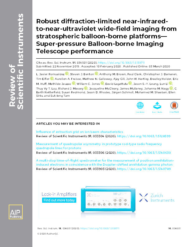 Robust diffraction-limited near-infrared-to-near-ultraviolet wide-field imaging from stratospheric balloon-borne platforms—Super-pressure Balloon-borne Imaging Telescope performance Thumbnail