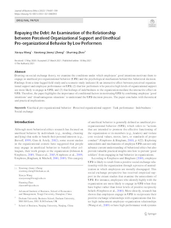 Repaying the Debt: An Examination of the Relationship between Perceived Organisational Support and Unethical Pro-Organisational Behaviour by Low Performers Thumbnail