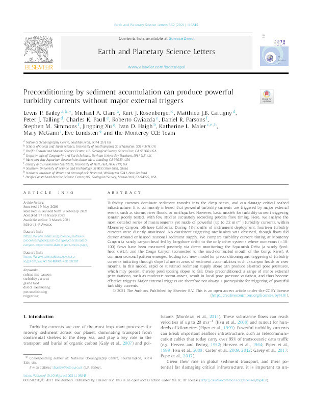 Preconditioning by sediment accumulation can produce powerful turbidity currents without major external triggers Thumbnail