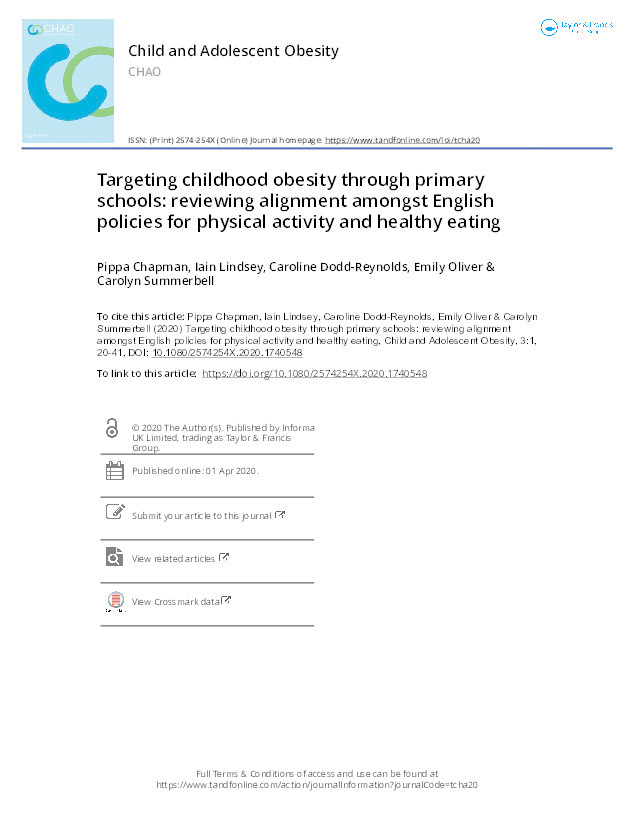 Targeting childhood obesity through primary schools: reviewing alignment amongst English policies for physical activity and healthy eating Thumbnail