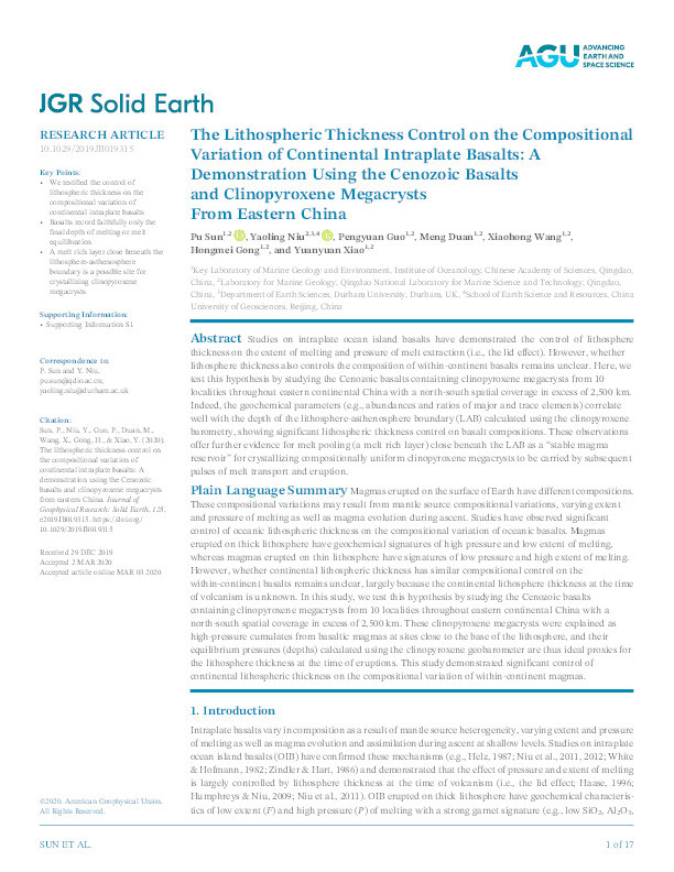 The lithospheric thickness control on the compositional variation of continental intraplate basalts: A demonstration using the Cenozoic basalts and clinopyroxene megacrysts from eastern China Thumbnail