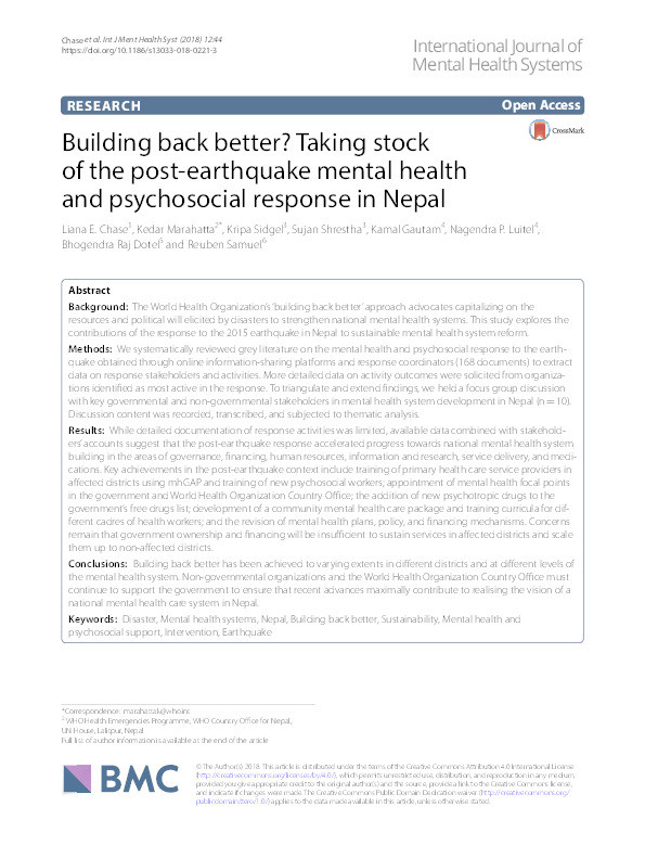 Building back better? Taking stock of the post-earthquake mental health and psychosocial response in Nepal Thumbnail