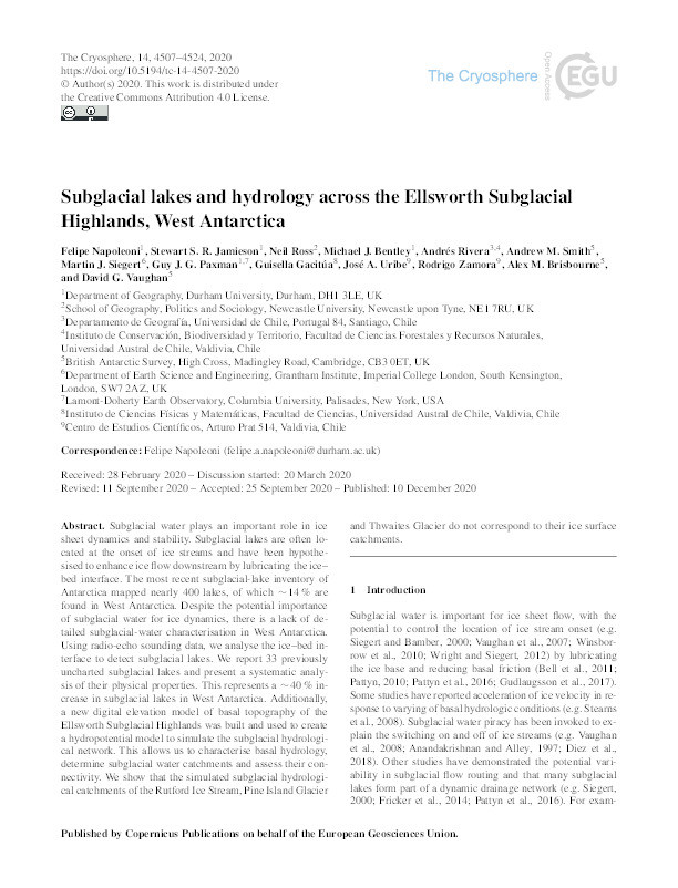Subglacial lakes and hydrology across the Ellsworth Subglacial Highlands, West Antarctica Thumbnail