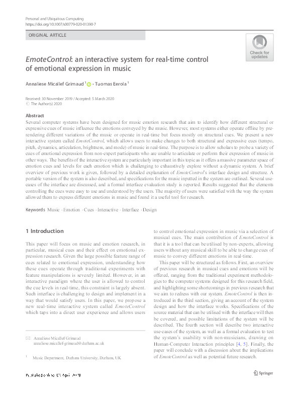 EmoteControl: An interactive system for real-time control of emotional expression in music Thumbnail