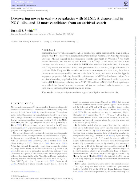 Discovering novae in early-type galaxies with MUSE: A chance find in NGC 1404, and 12 more candidates from an archival search Thumbnail