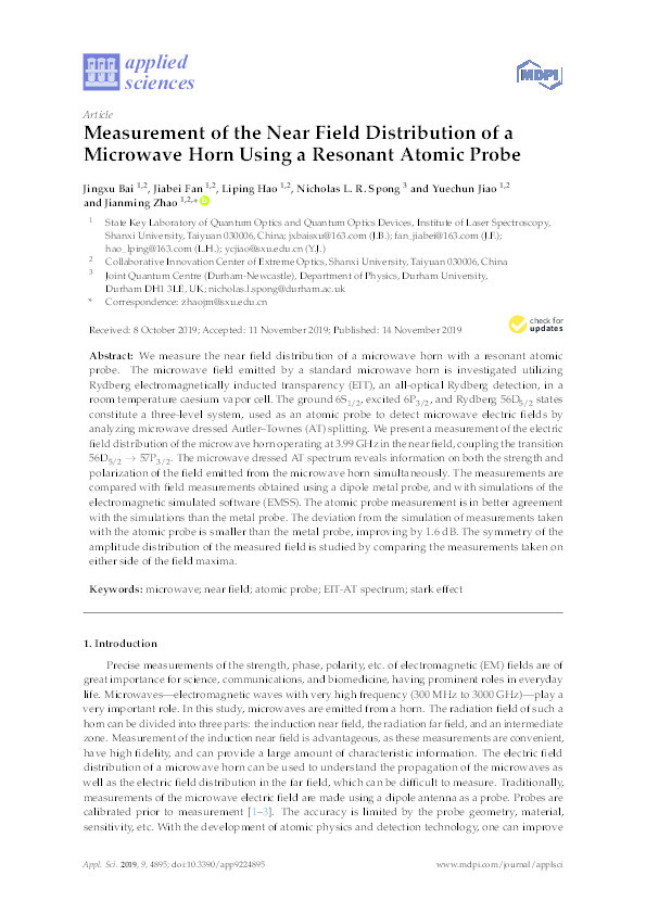 Measurement of the Near Field Distribution of a Microwave Horn Using a Resonant Atomic Probe Thumbnail