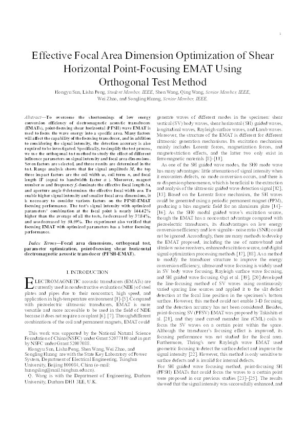 Effective Focal Area Dimension Optimization of Shear Horizontal Point-Focusing EMAT Using Orthogonal Test Method Thumbnail