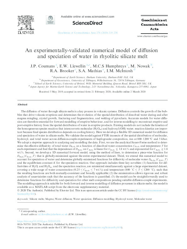 An experimentally-validated numerical model of diffusion and speciation of water in rhyolitic silicate melt Thumbnail