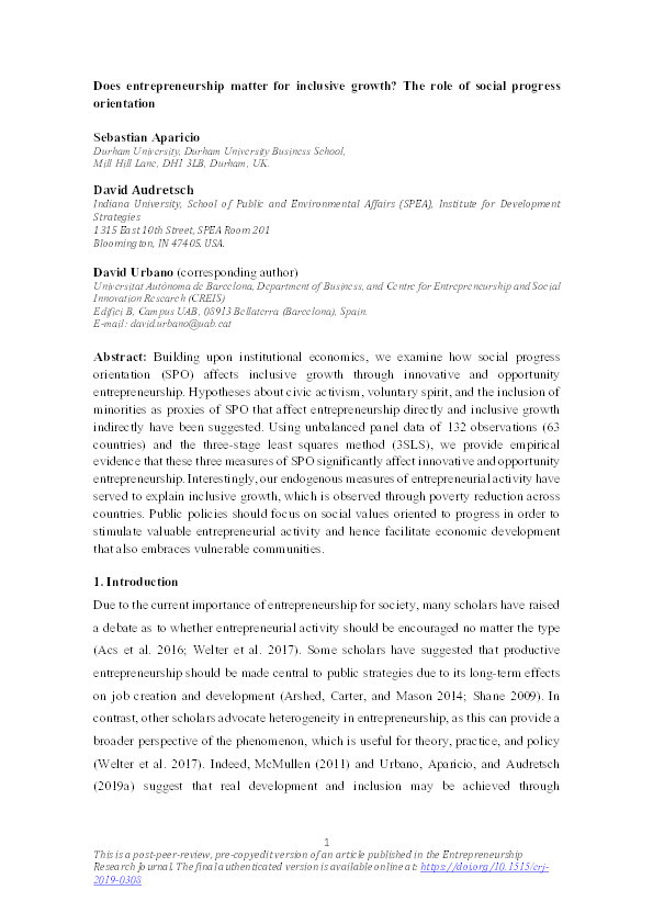 Does Entrepreneurship Matter for Inclusive Growth? The Role of Social Progress Orientation Thumbnail