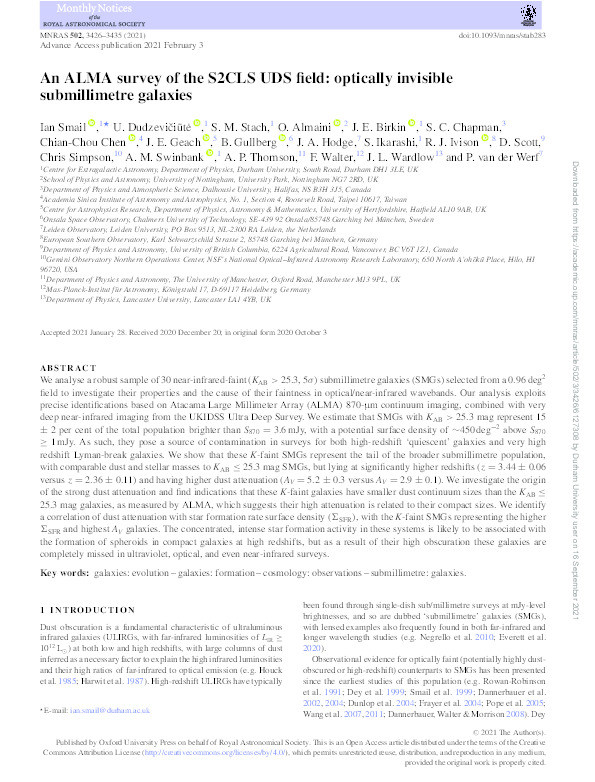 An ALMA survey of the S2CLS UDS field: optically invisible submillimetre galaxies Thumbnail