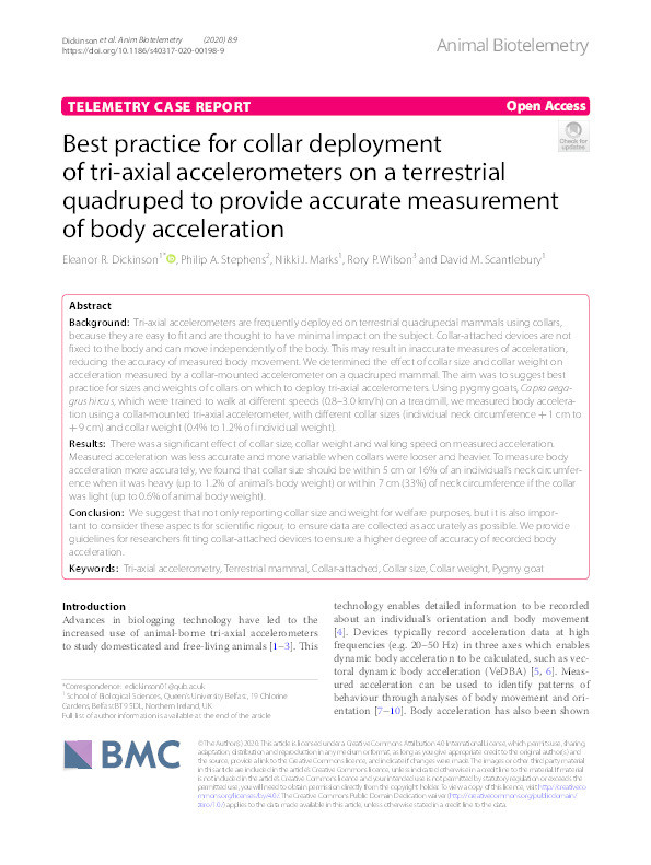 Best practice for collar deployment of tri-axial accelerometers on a terrestrial quadruped to provide accurate measurement of body acceleration Thumbnail