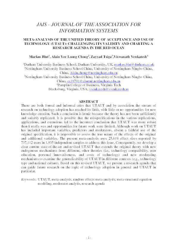 Meta-Analysis of the Unified Theory of Acceptance and Use of Technology (UTAUT): Challenging its Validity and Charting A Research Agenda in the Red Ocean Thumbnail