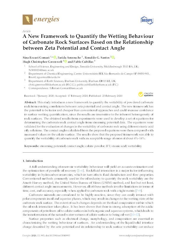 A New Framework to Quantifying the Wetting Behaviour of Carbonate Rock Surfaces Based on the Relationship between Zeta Potential and Contact Angle Thumbnail