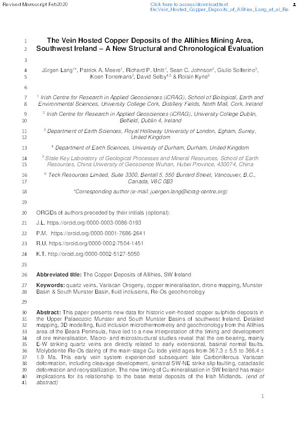 Vein Hosted Copper Deposits of the Allihies Mining Area, Southwest Ireland – A New Structural and Chronological Evaluation Thumbnail