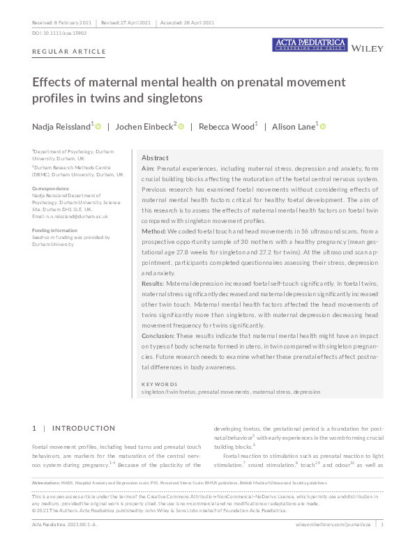 Effects of maternal mental health on prenatal movement profiles in twins and singletons Thumbnail