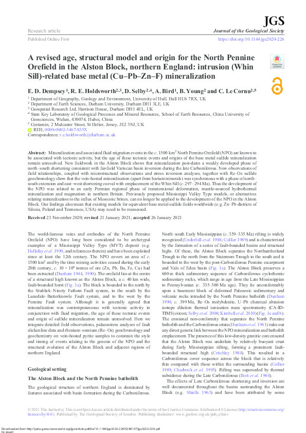 A revised age, structural model and origin for the North Pennine Orefield in the Alston Block, northern England: intrusion (Whin Sill)-related base metal (Cu–Pb–Zn–F) mineralization Thumbnail
