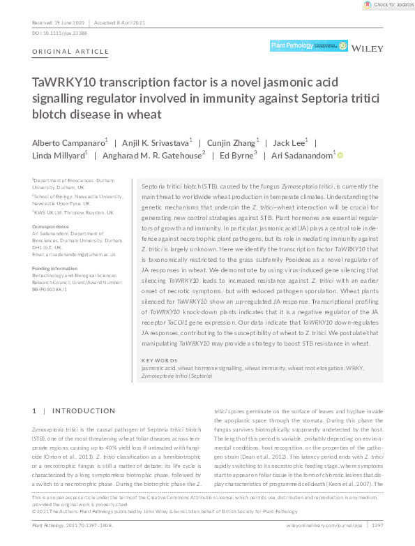 TaWRKY10 transcription factor is a novel Jasmonic Acid signalling regulator involved in immunity against Septoria tritici blotch disease in wheat Thumbnail