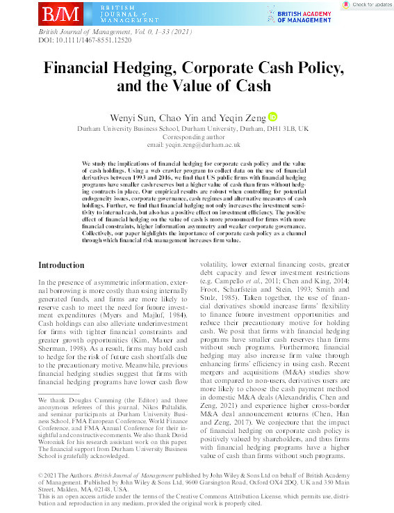 Financial Hedging, Corporate Cash Policy, and the Value of Cash Thumbnail