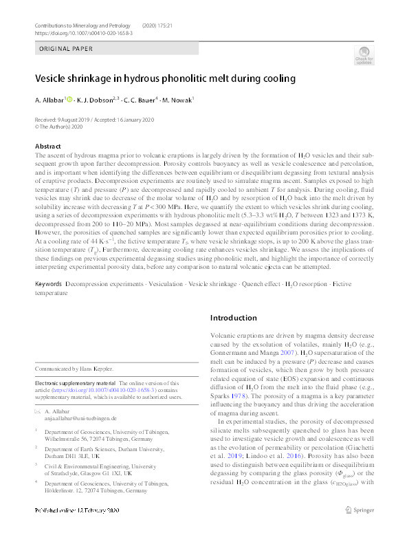 Vesicle shrinkage in hydrous phonolitic melt during cooling Thumbnail